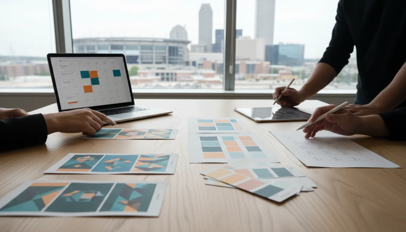 Workflow alignment board for consistent brand identity with unified visuals, voice standards, and campaign checkpoints.