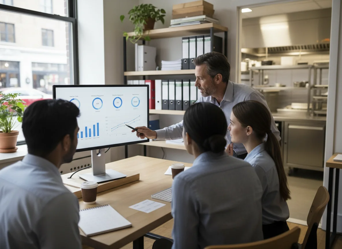 Restaurant manager tracking local SEO KPI dashboard with calls, direction requests, and bookings