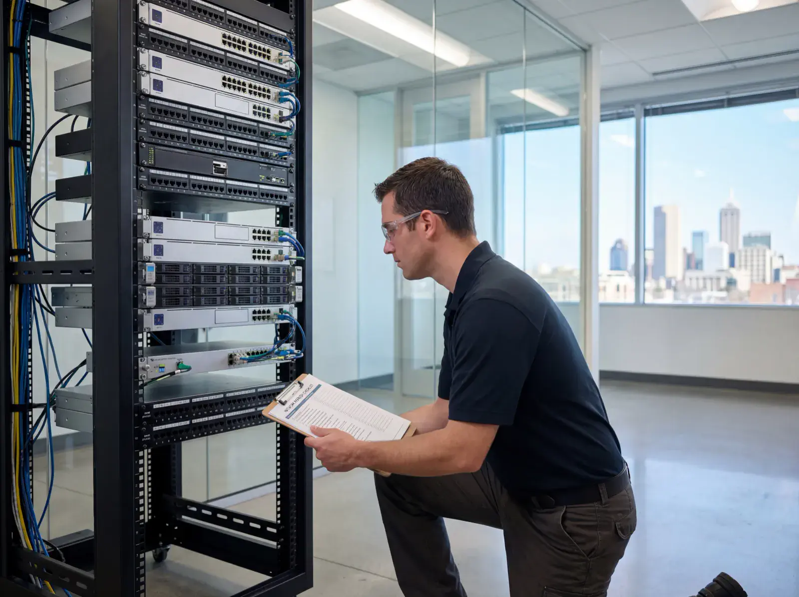 Indiana business owner reviewing camera layout and network planning documents