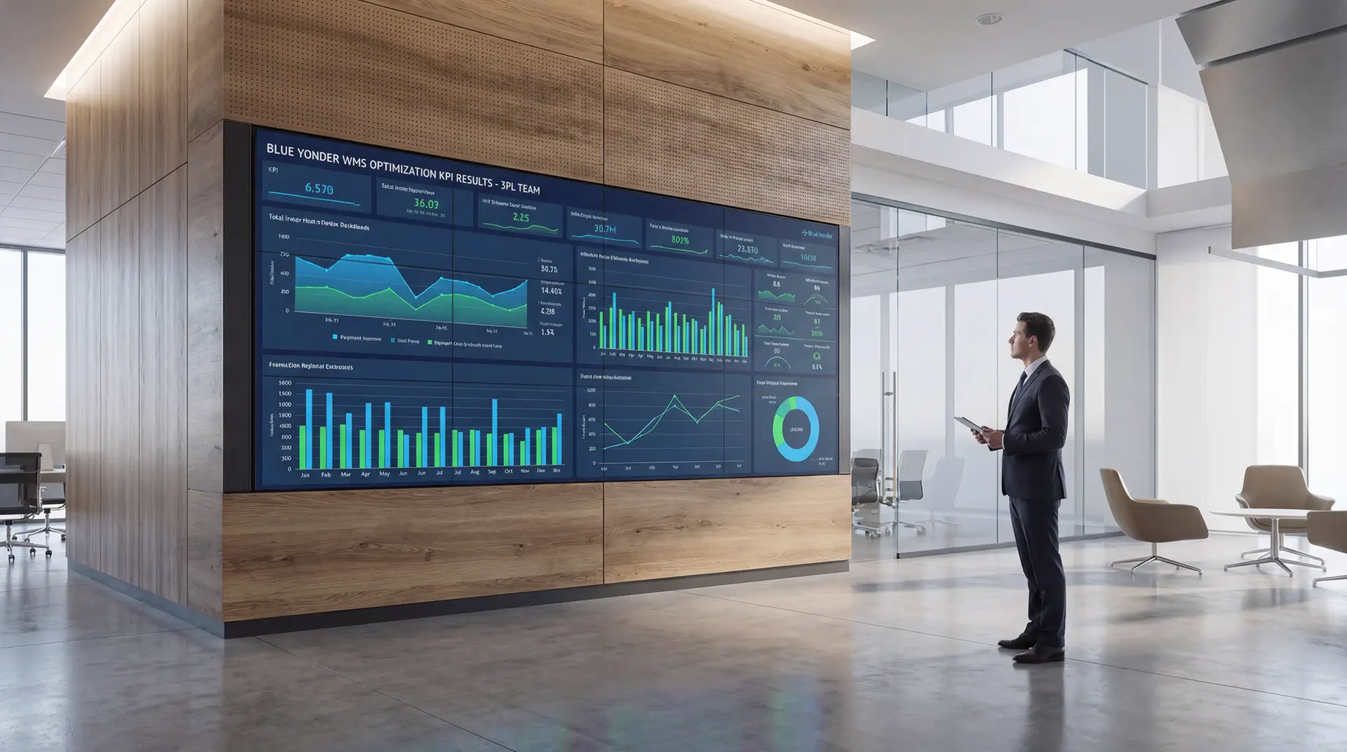 Dashboard showing Blue Yonder (RedPrairie) WMS optimization KPIs and exceptions