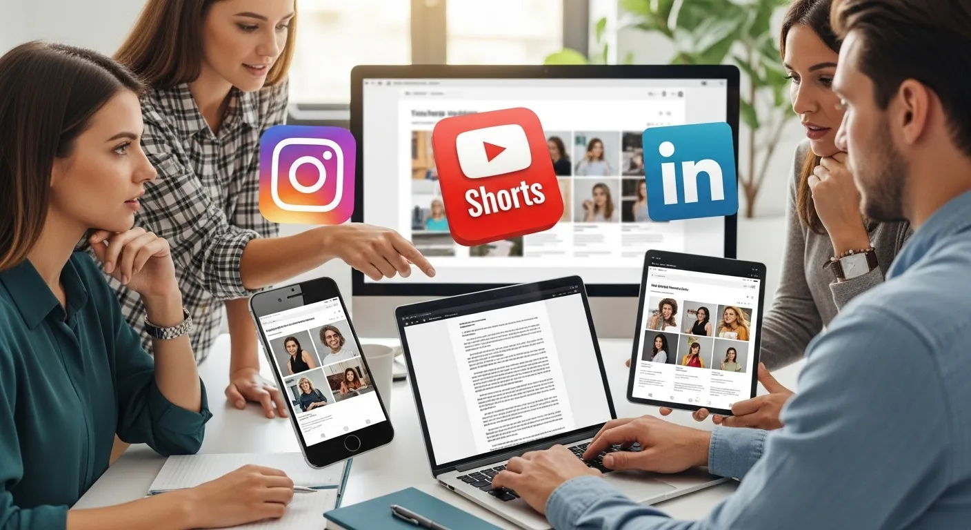 Marketing team adapting one evergreen article into posts across multiple devices