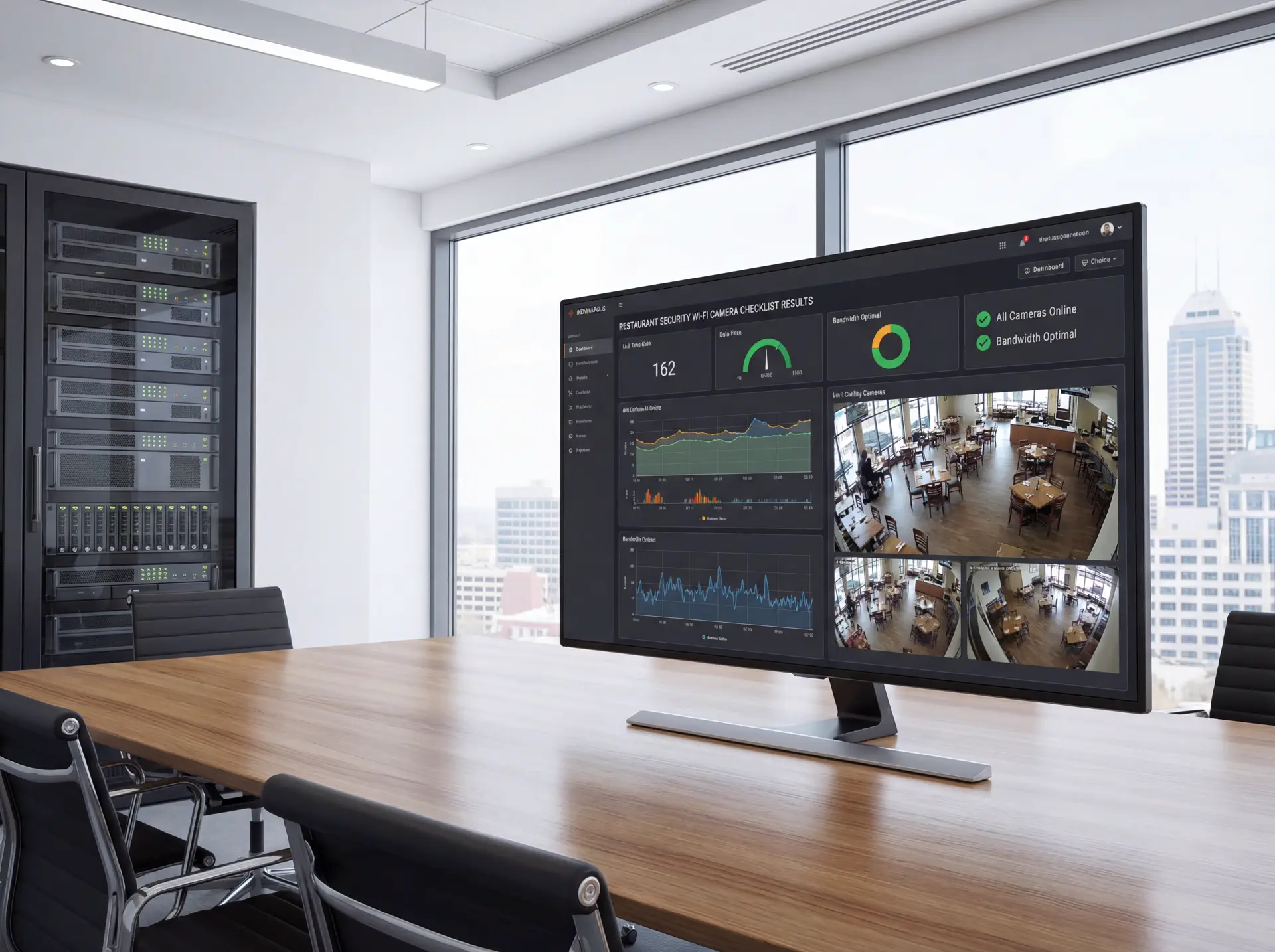 Dashboard showing restaurant cameras, Wi‑Fi uptime, and alerts