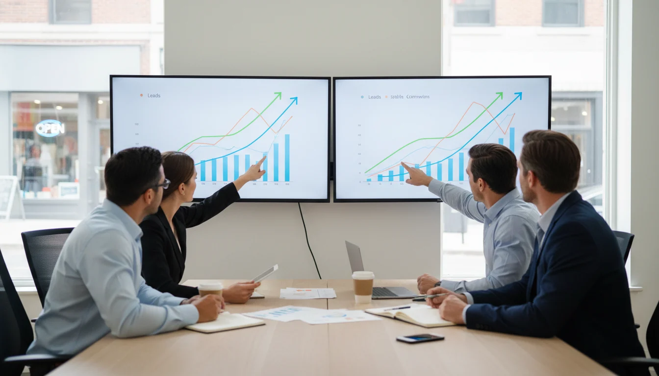 Team reviewing improved lead quality and steady growth signals after SEO implementation.