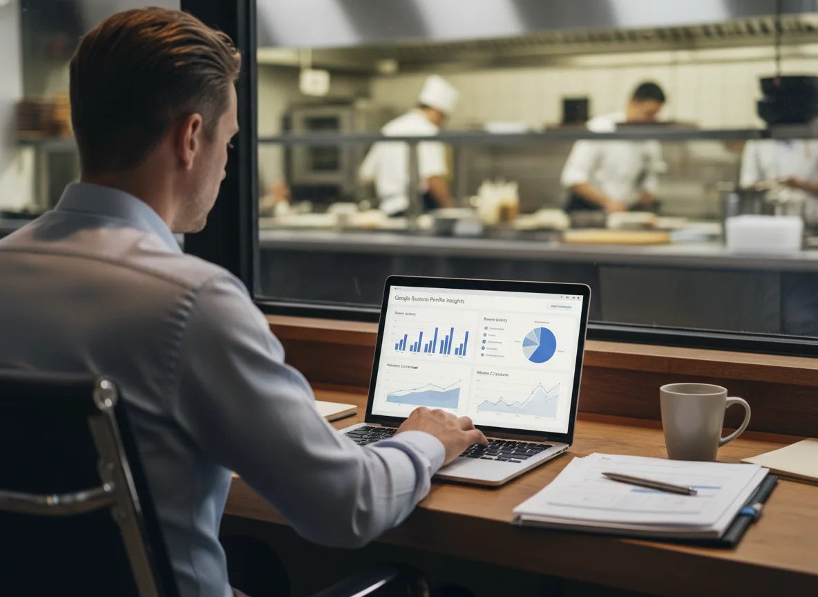 Restaurant team reviewing Google profile analytics, review trends, and booking conversion
