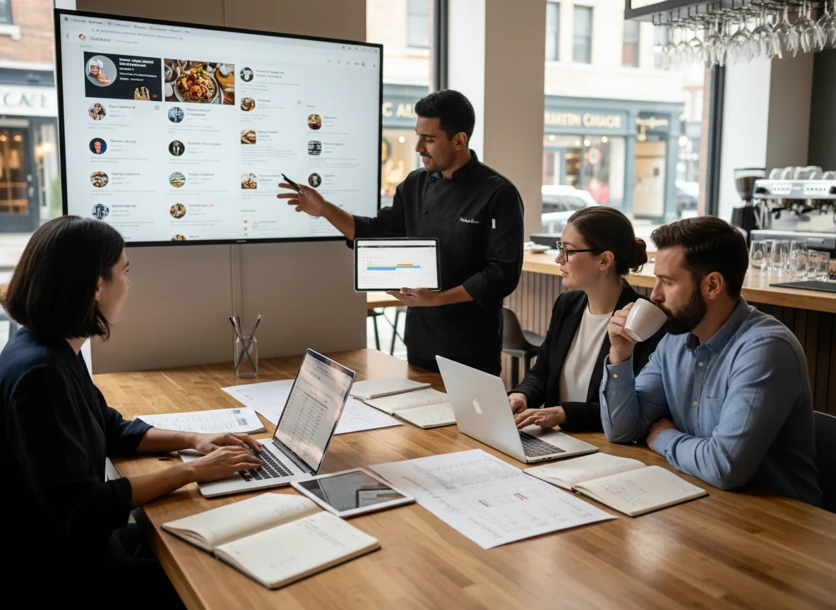 Restaurant team auditing social profile freshness and Google profile consistency