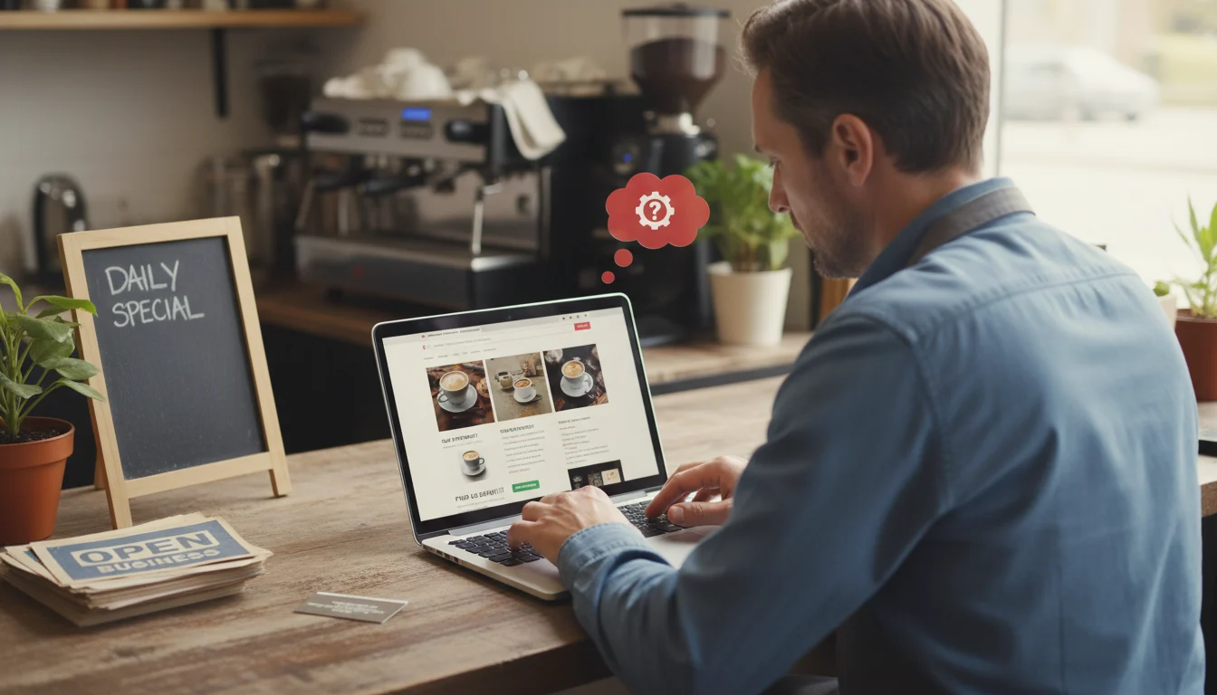 Small business owner reviewing an outdated website experience that misses local buyer expectations.